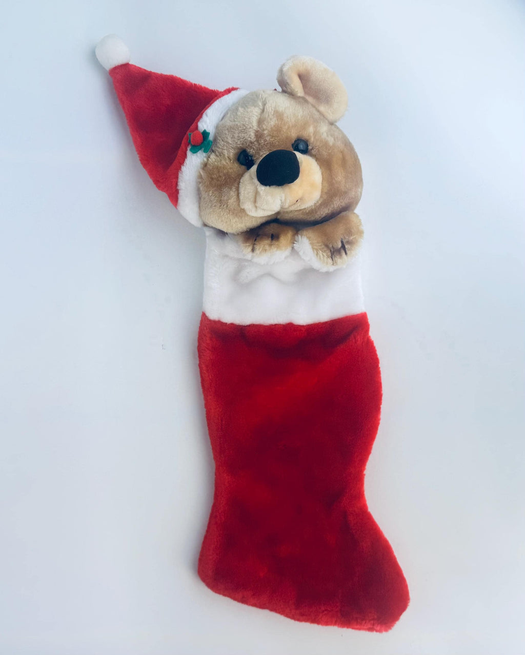 Vintage 1980's Plush Bear Christmas Stocking - Red & White Faux-Fur - Made in Korea - Sold Separately