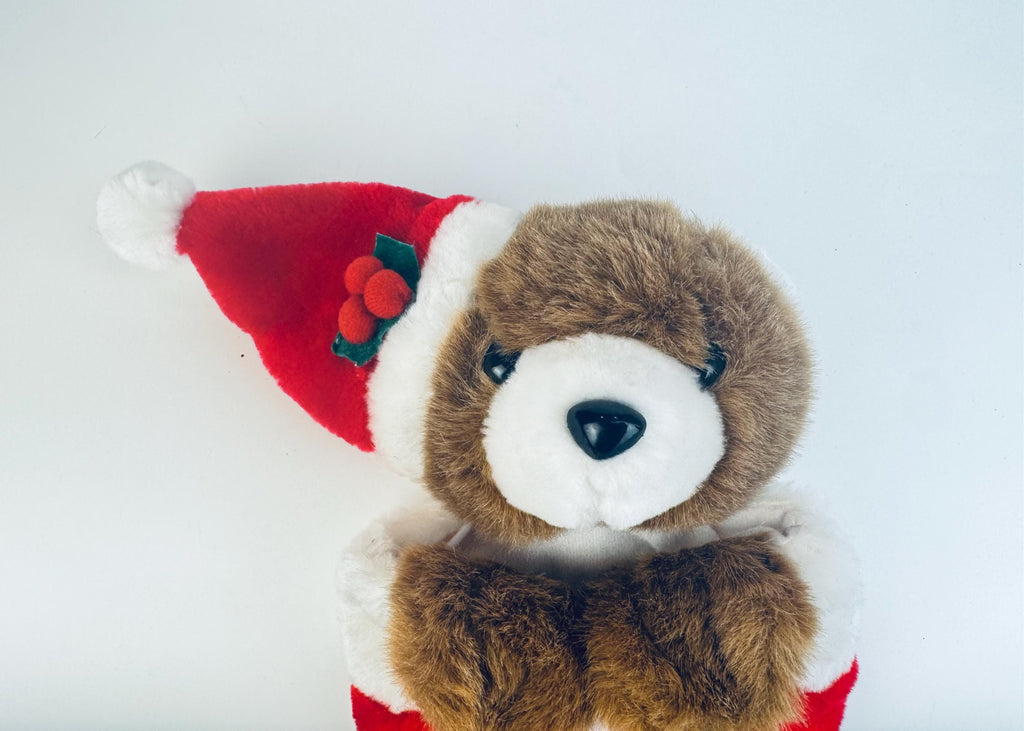 Vintage 1980's Plush Bear Christmas Stocking - Red & White Faux-Fur - Made in Korea - Sold Separately