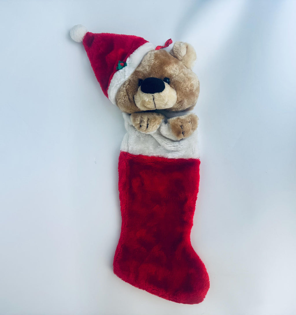 Vintage 1980's Plush Bear Christmas Stocking - Red & White Faux-Fur - Made in Korea - Sold Separately