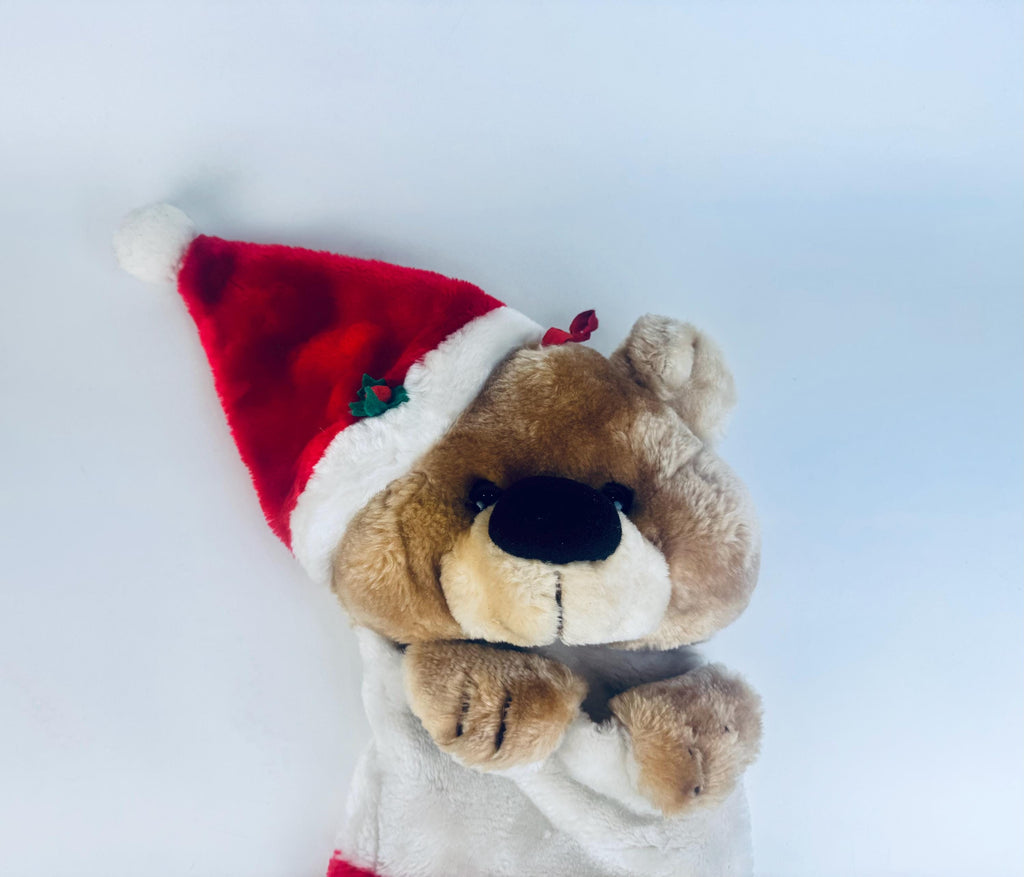 Vintage 1980's Plush Bear Christmas Stocking - Red & White Faux-Fur - Made in Korea - Sold Separately