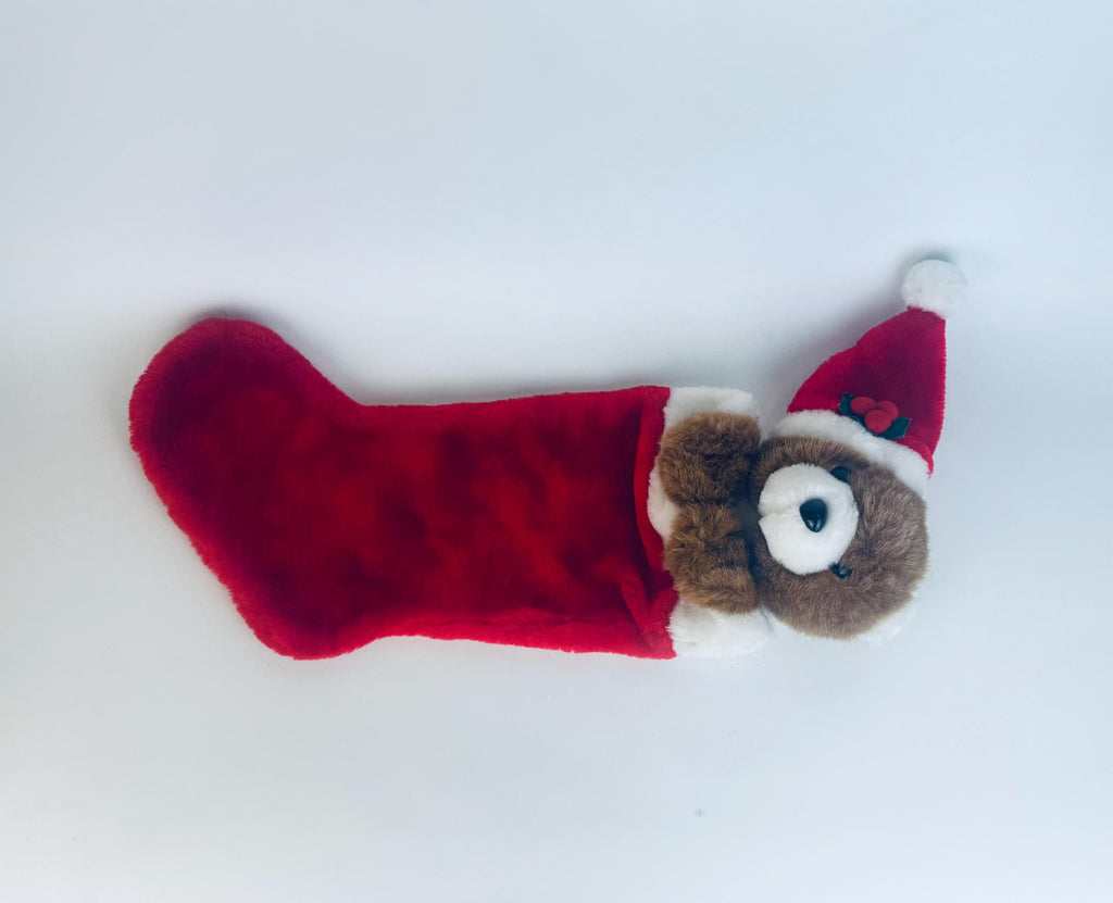 Vintage 1980's Plush Bear Christmas Stocking - Red & White Faux-Fur - Made in Korea - Sold Separately