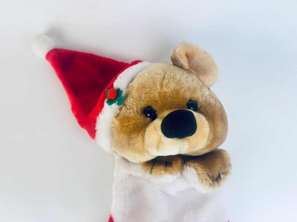 Vintage 1980's Plush Bear Christmas Stocking - Red & White Faux-Fur - Made in Korea - Sold Separately