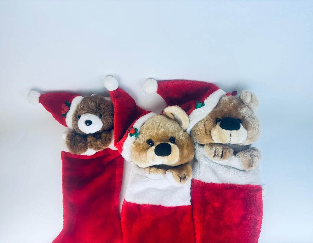 Vintage 1980's Plush Bear Christmas Stocking - Red & White Faux-Fur - Made in Korea - Sold Separately