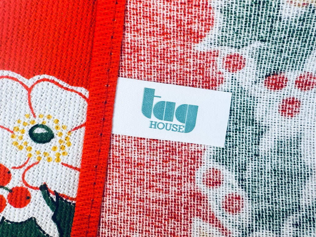 Vintage 1980s 'Tag House' Italian Cotton Holiday Kitchen Towel Red Village Scene - Made In Italy