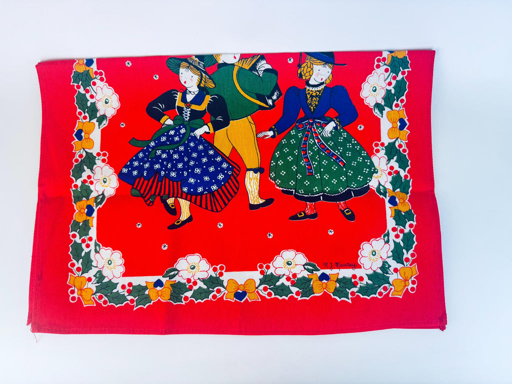 Vintage 1980s 'Tag House' Italian Cotton Holiday Kitchen Towel Red Village Scene - Made In Italy