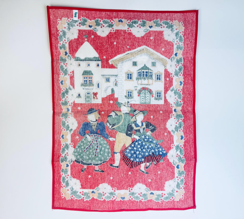 Vintage 1980s 'Tag House' Italian Cotton Holiday Kitchen Towel Red Village Scene - Made In Italy