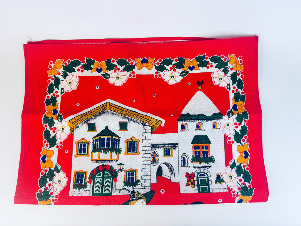 Vintage 1980s 'Tag House' Italian Cotton Holiday Kitchen Towel Red Village Scene - Made In Italy