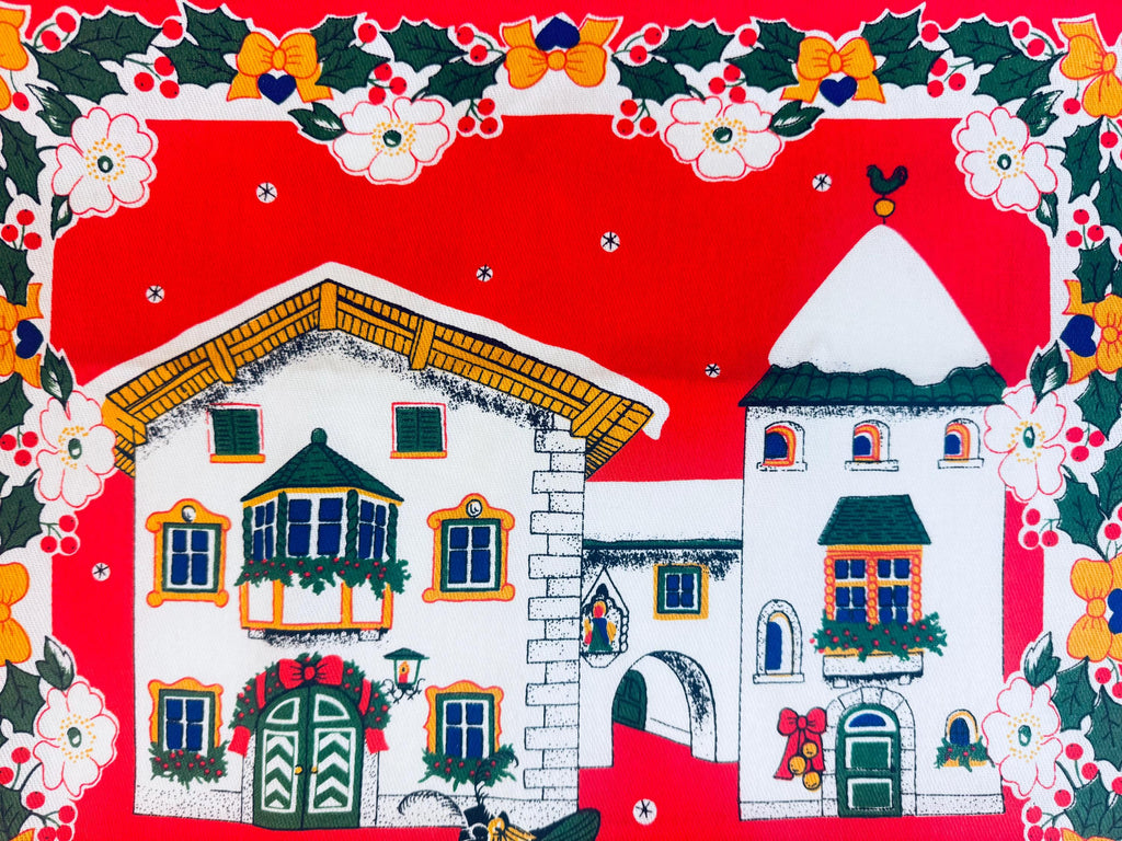 Vintage 1980s 'Tag House' Italian Cotton Holiday Kitchen Towel Red Village Scene - Made In Italy