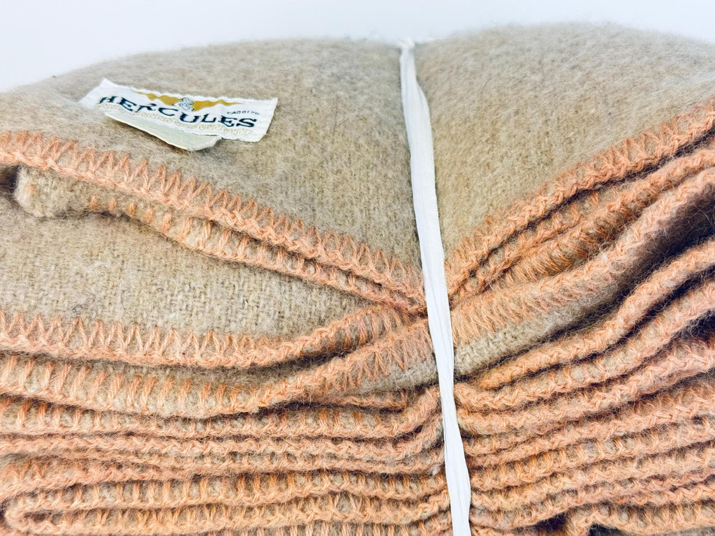Vintage 1950s Beige Wool-Blend Hercules Camp Blanket with Indigo Stripe - 78×87
