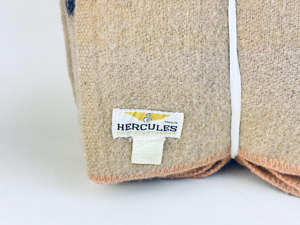 Vintage 1950s Beige Wool-Blend Hercules Camp Blanket with Indigo Stripe - 78×87