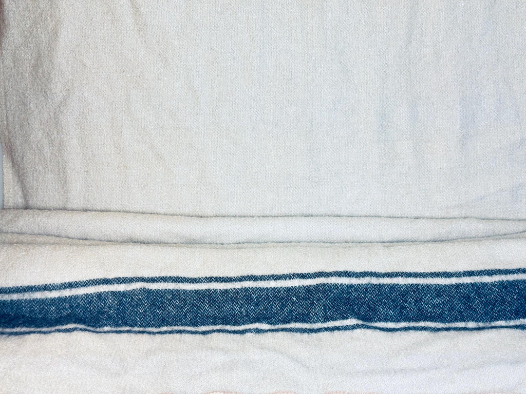 Vintage 1950s Beige Wool-Blend Hercules Camp Blanket with Indigo Stripe - 78×87
