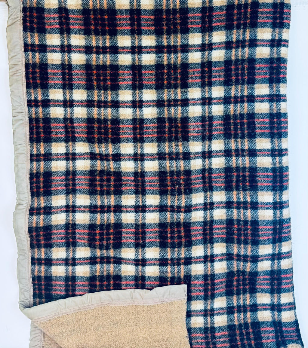 Vintage 1980s 'Teleks' Wool-Blend Checked Blanket Tan & Black Cozy Throw - 52 × 62 - Made In Former Yugoslavia