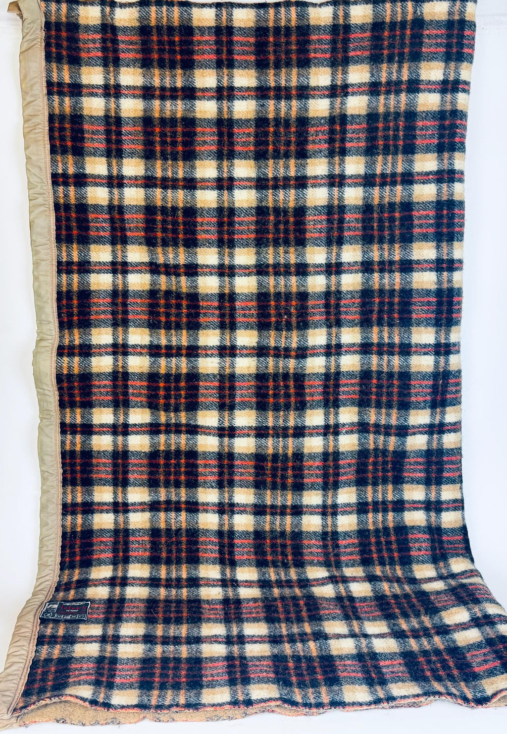 Vintage 1980s 'Teleks' Wool-Blend Checked Blanket Tan & Black Cozy Throw - 52 × 62 - Made In Former Yugoslavia