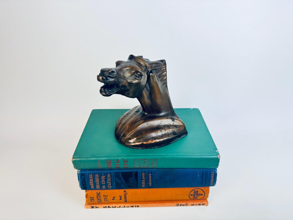Vintage 1930s Spelter Horse-Head Bookend Bronzed Finish Shelf Accent