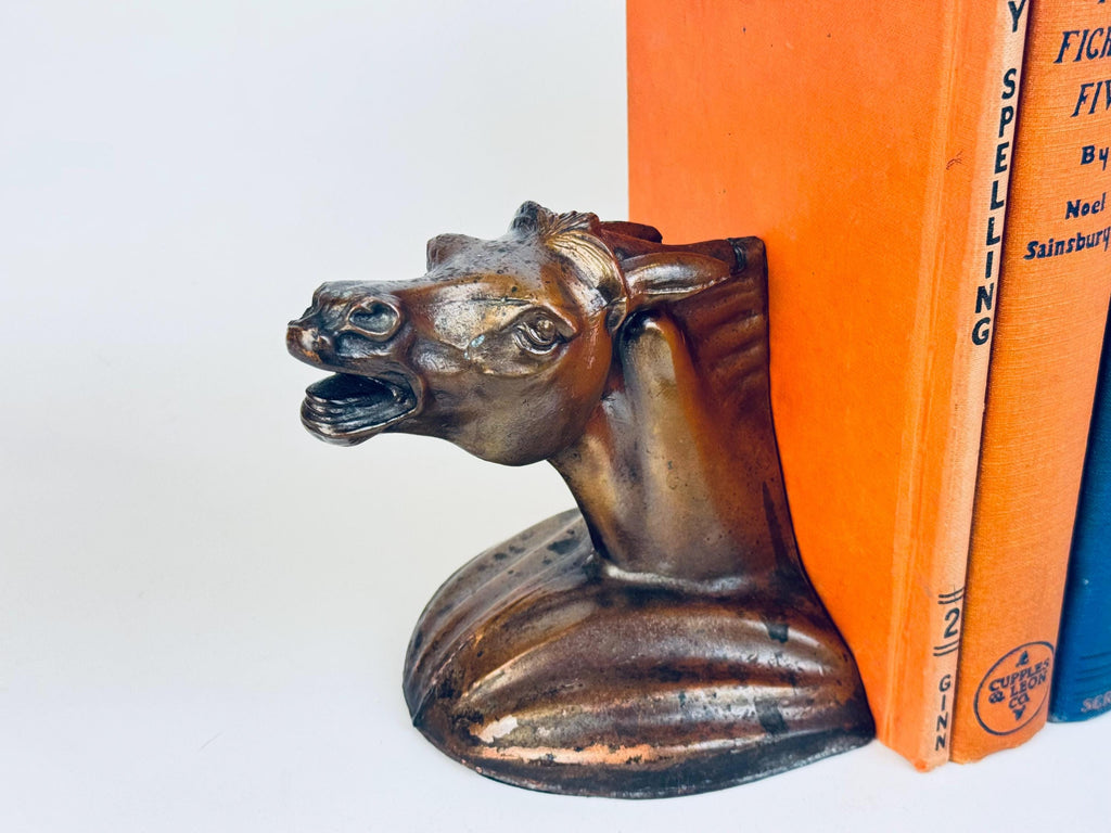 Vintage 1930s Spelter Horse-Head Bookend Bronzed Finish Shelf Accent