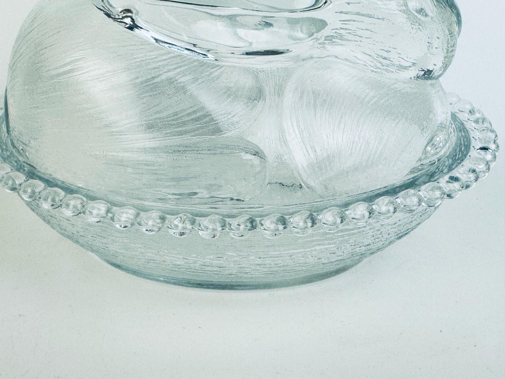 Vintage Clear Glass Bunny Rabbit on Nest Covered Dish  Farmhouse Tabletop Accent