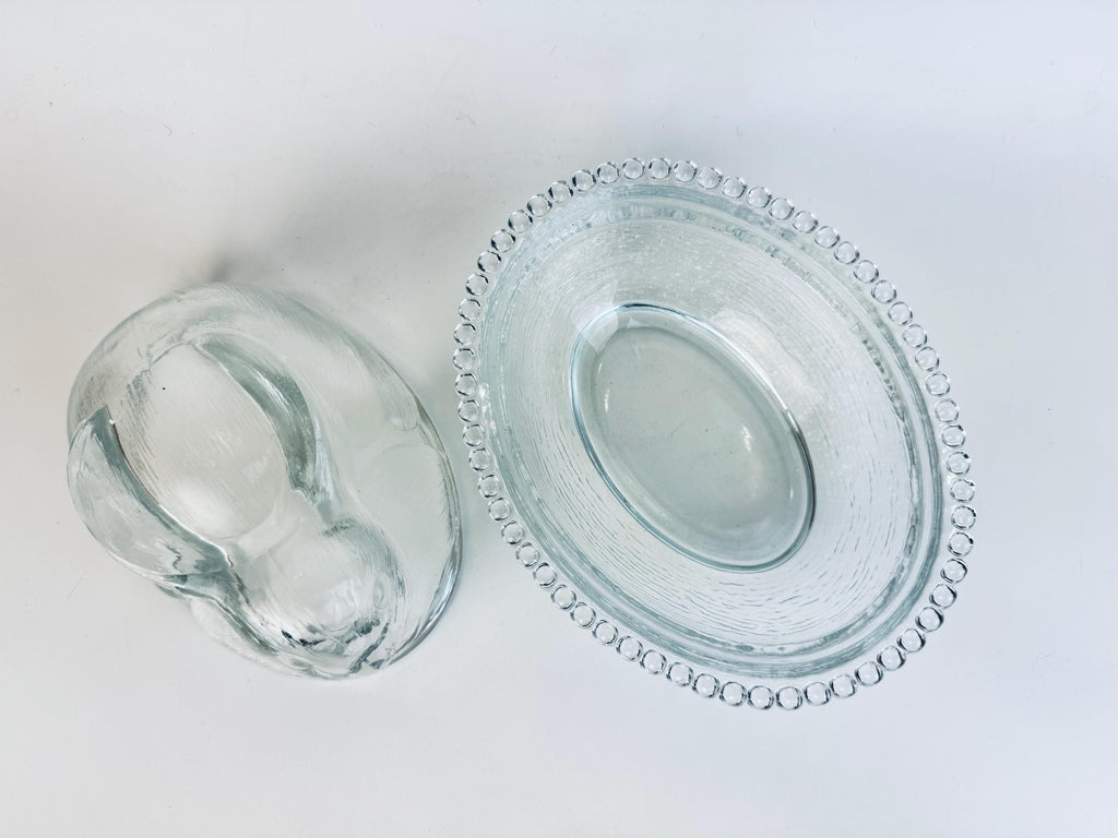 Vintage Clear Glass Bunny Rabbit on Nest Covered Dish  Farmhouse Tabletop Accent