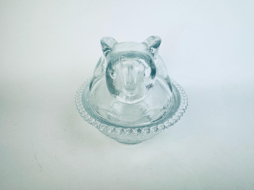 Vintage Clear Glass Bunny Rabbit on Nest Covered Dish  Farmhouse Tabletop Accent