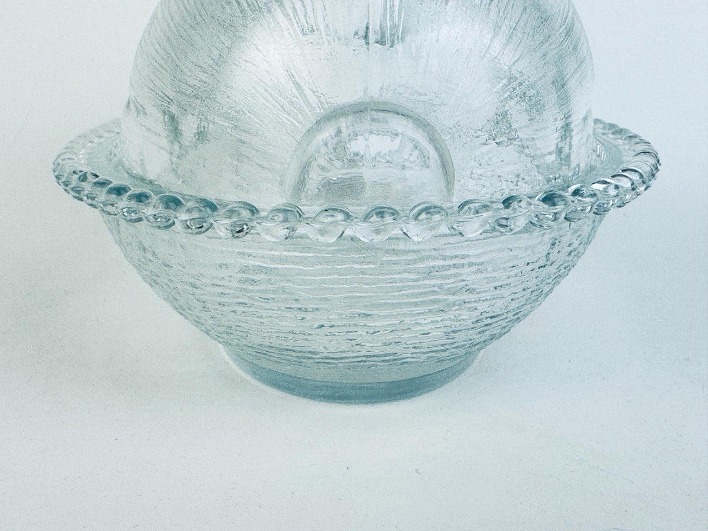 Vintage Clear Glass Bunny Rabbit on Nest Covered Dish  Farmhouse Tabletop Accent