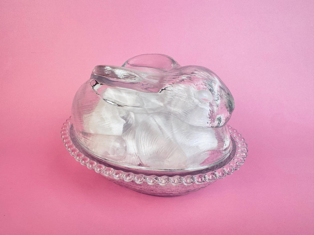 Vintage Clear Glass Bunny Rabbit on Nest Covered Dish  Farmhouse Tabletop Accent