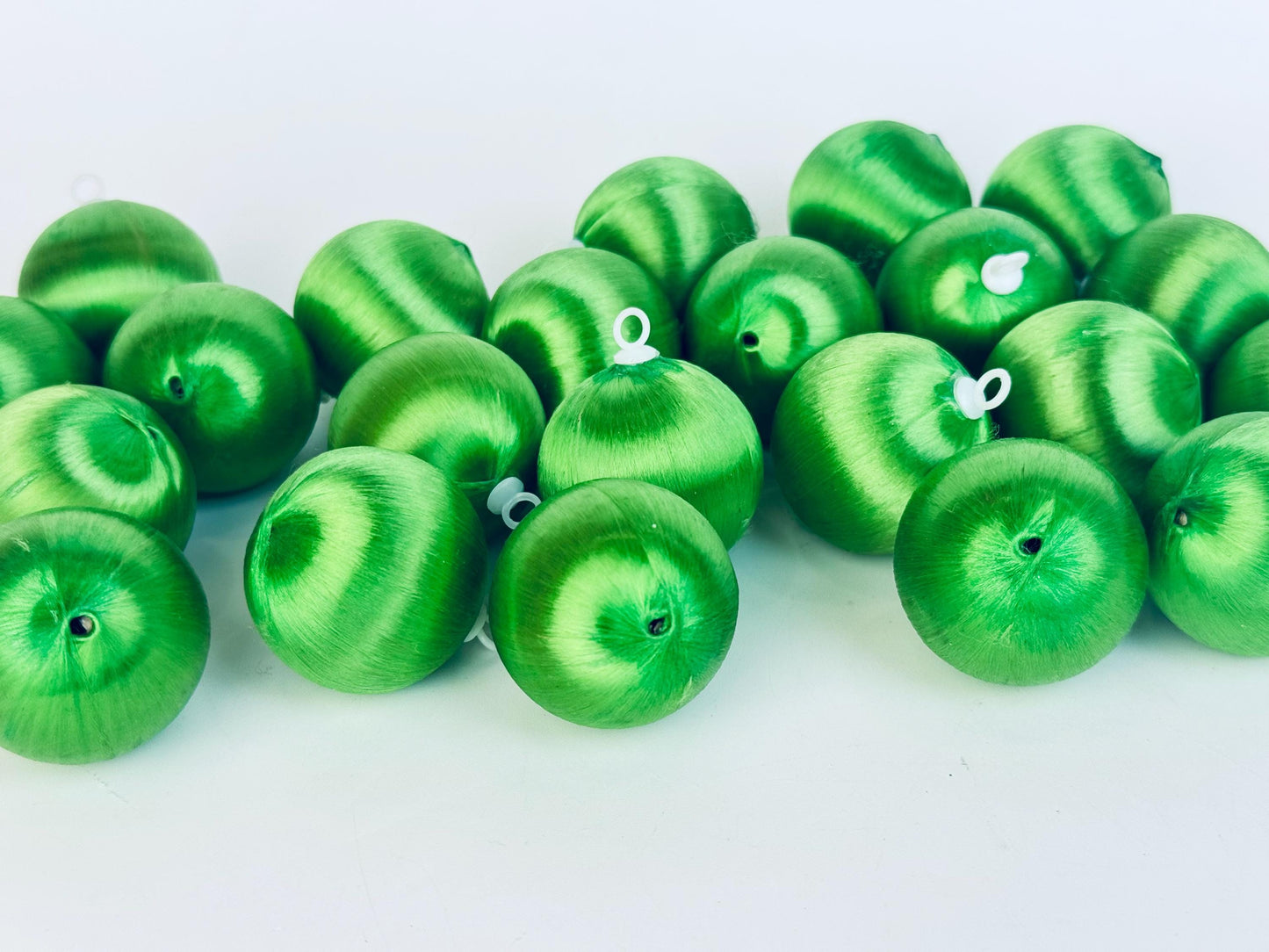 Vintage Spun 'Silky' Green Apple Satin String Small Christmas Tree Ornaments - Set of 23