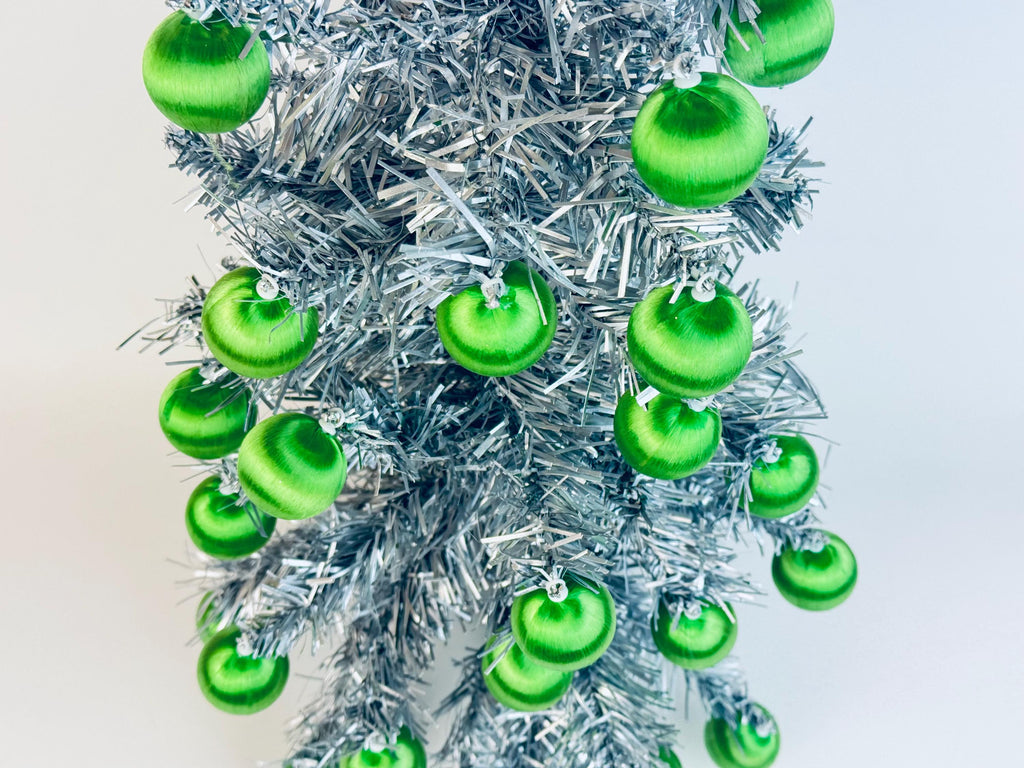 Vintage Spun 'Silky' Green Apple Satin String Small Christmas Tree Ornaments - Set of 23