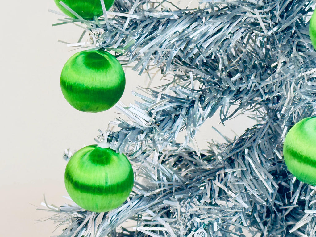 Vintage Spun 'Silky' Green Apple Satin String Small Christmas Tree Ornaments - Set of 23