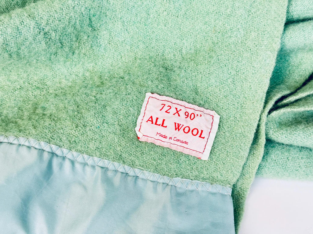 Vintage Mint Green Wool Blanket With Satin Trim - Twin/Single Size - 72" x 90" - Made In Canada