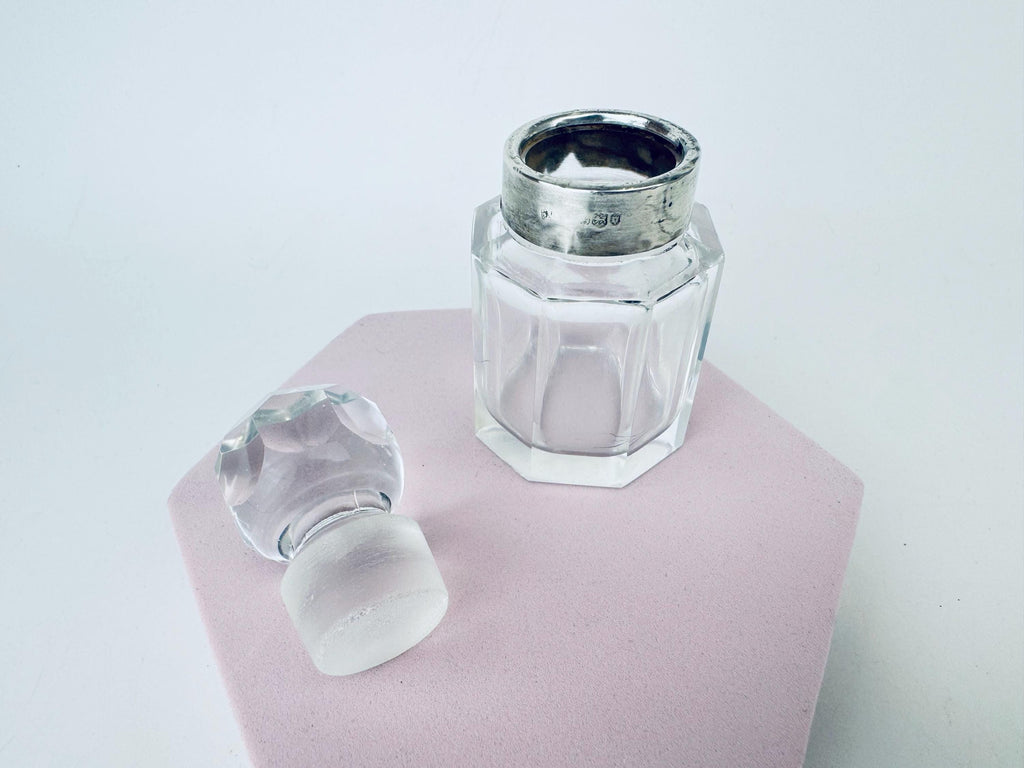 Antique Victorian 1900s Clear Cut Glass & Sterling Silver Collar Perfume Bottle - Vanity Decor