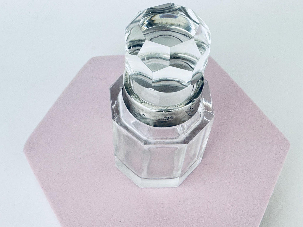 Antique Victorian 1900s Clear Cut Glass & Sterling Silver Collar Perfume Bottle - Vanity Decor