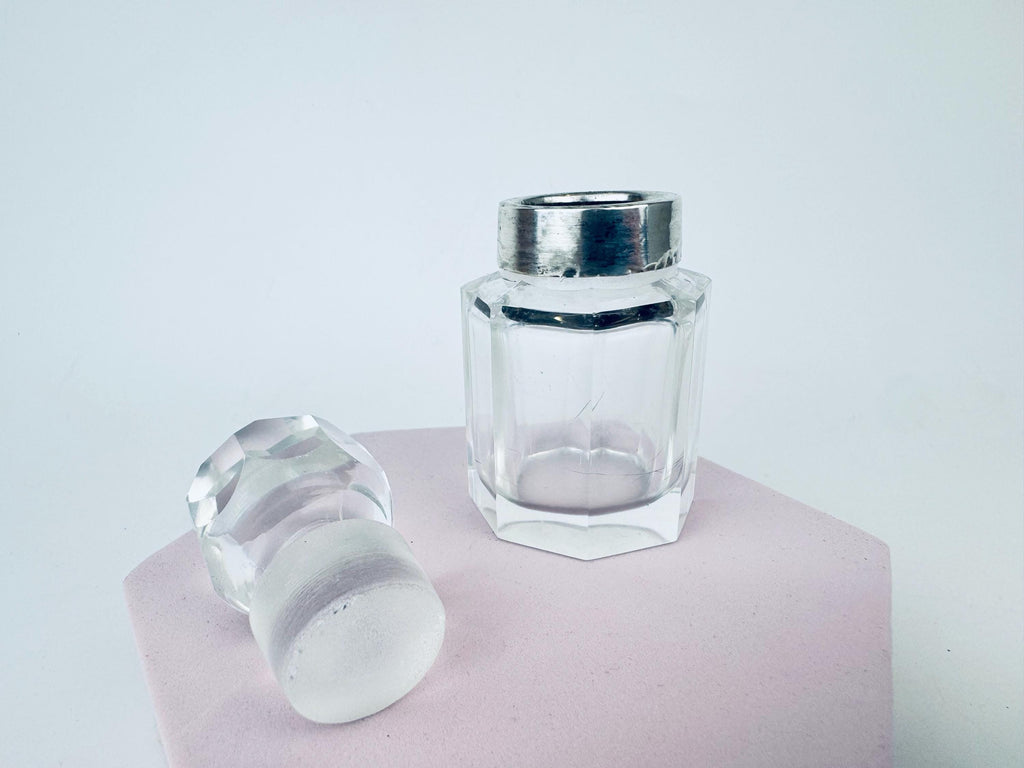 Antique Victorian 1900s Clear Cut Glass & Sterling Silver Collar Perfume Bottle - Vanity Decor