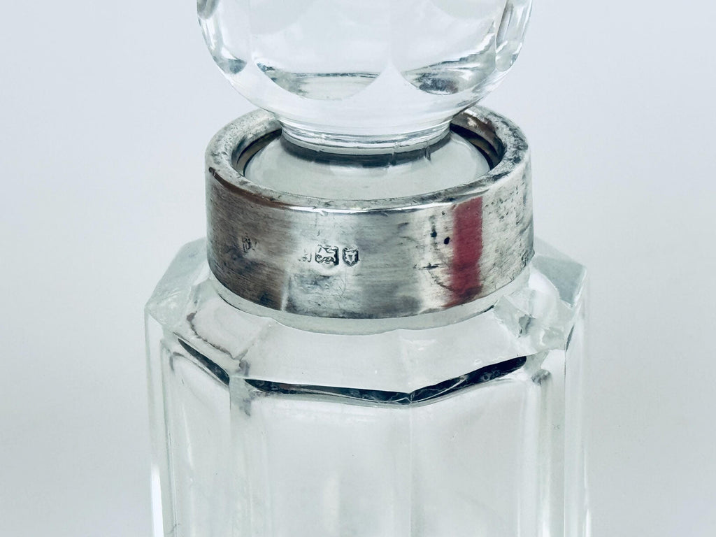 Antique Victorian 1900s Clear Cut Glass & Sterling Silver Collar Perfume Bottle - Vanity Decor