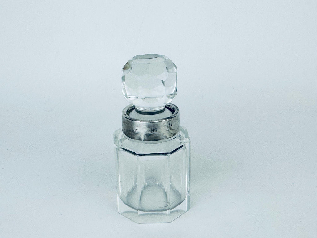 Antique Victorian 1900s Clear Cut Glass & Sterling Silver Collar Perfume Bottle - Vanity Decor