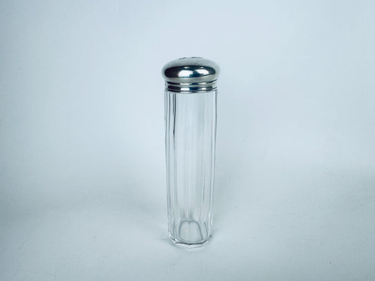 Hallmarked sterling silver lid with A & J Zimmerman maker’s mark and Birmingham Anchor on clear cut-crystal tall fluted vanity jar.