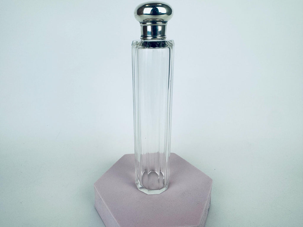 Vintage 1938 Sterling Silver-Topped Fluted Clear Glass Perfume Bottle  Art Deco Vanity Luxe