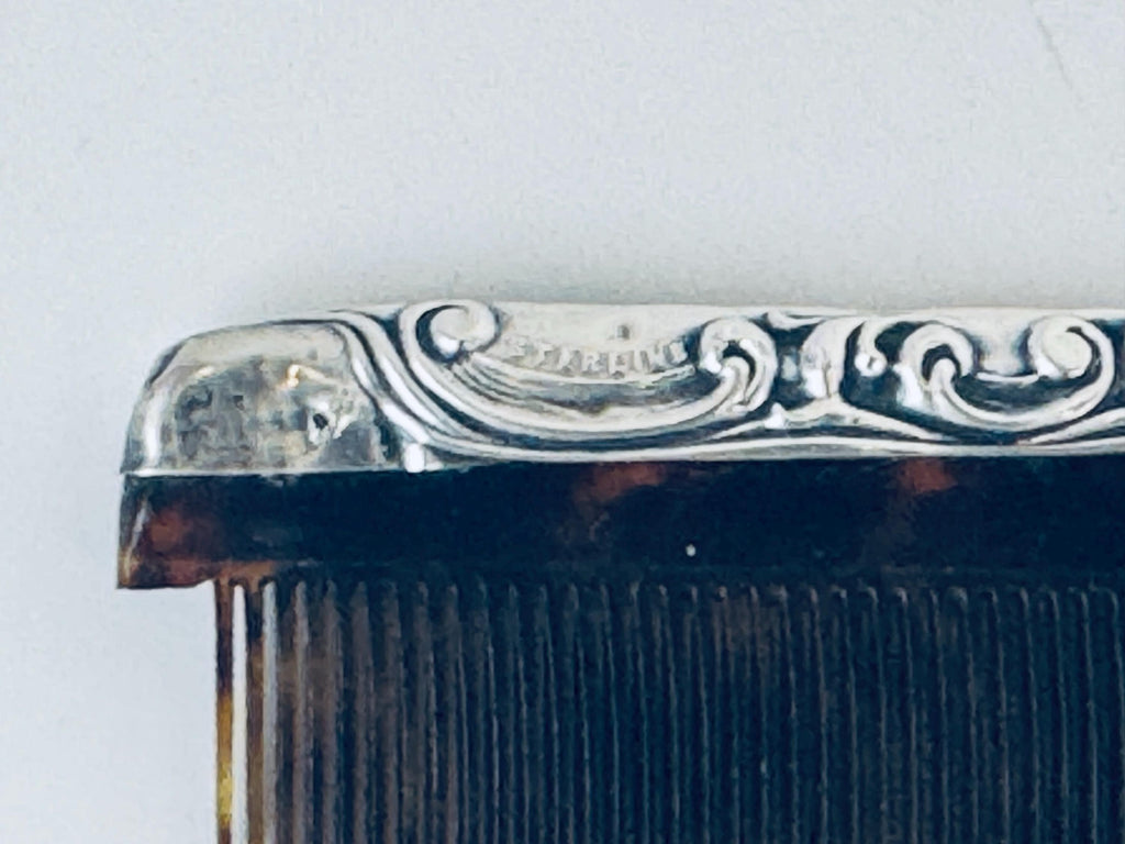 Antique 1920s Art Deco Sterling Silver Faux-Tortoiseshell Comb - Vanity Accessory