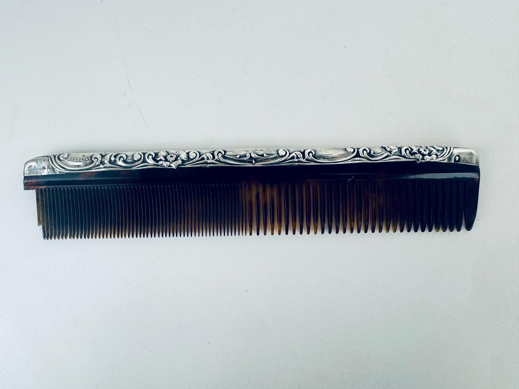 Antique 1920s Art Deco Sterling Silver Faux-Tortoiseshell Comb - Vanity Accessory
