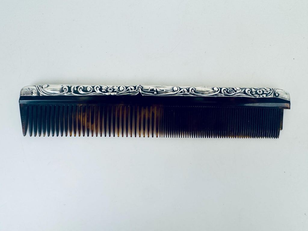 Antique 1920s Art Deco Sterling Silver Faux-Tortoiseshell Comb - Vanity Accessory
