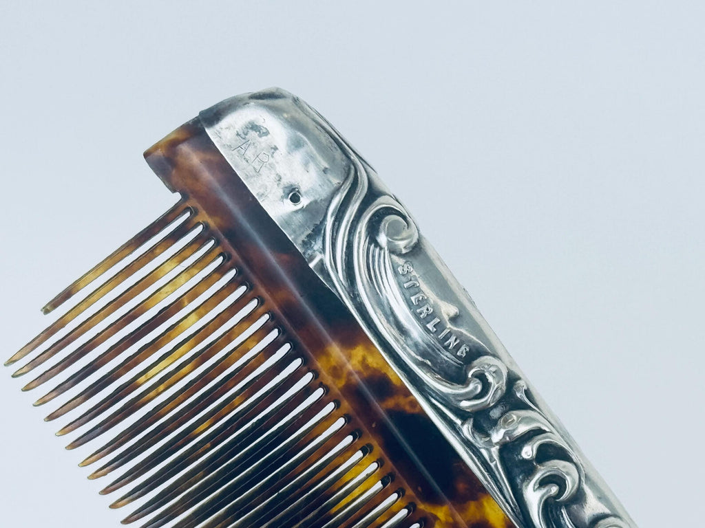 Antique 1920s Art Deco Sterling Silver Faux-Tortoiseshell Comb - Vanity Accessory