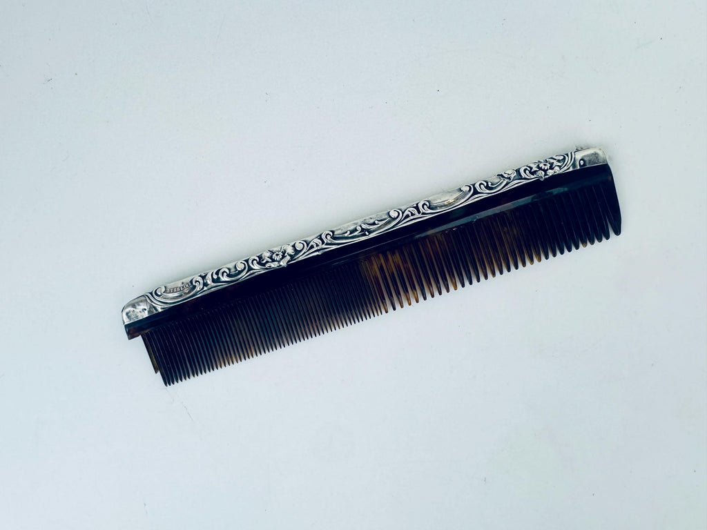 Antique 1920s Art Deco Sterling Silver Faux-Tortoiseshell Comb - Vanity Accessory