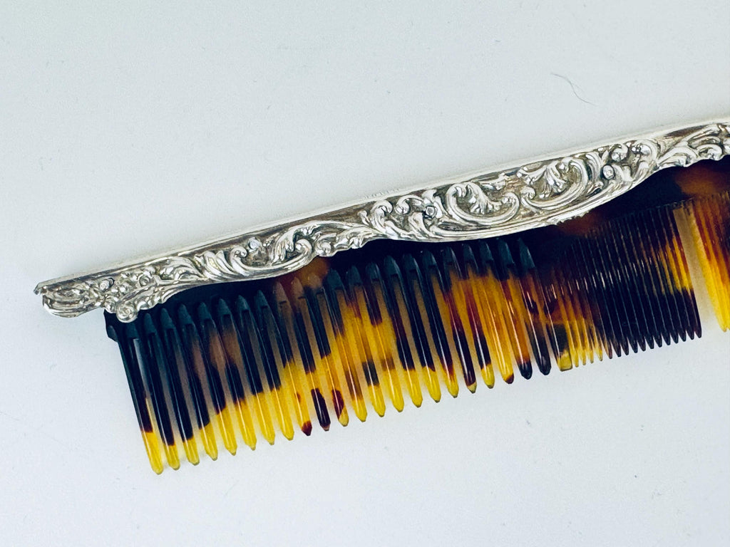 Antique 1910s Art Deco Sterling Silver Faux-Tortoiseshell Comb - Vanity Accessory
