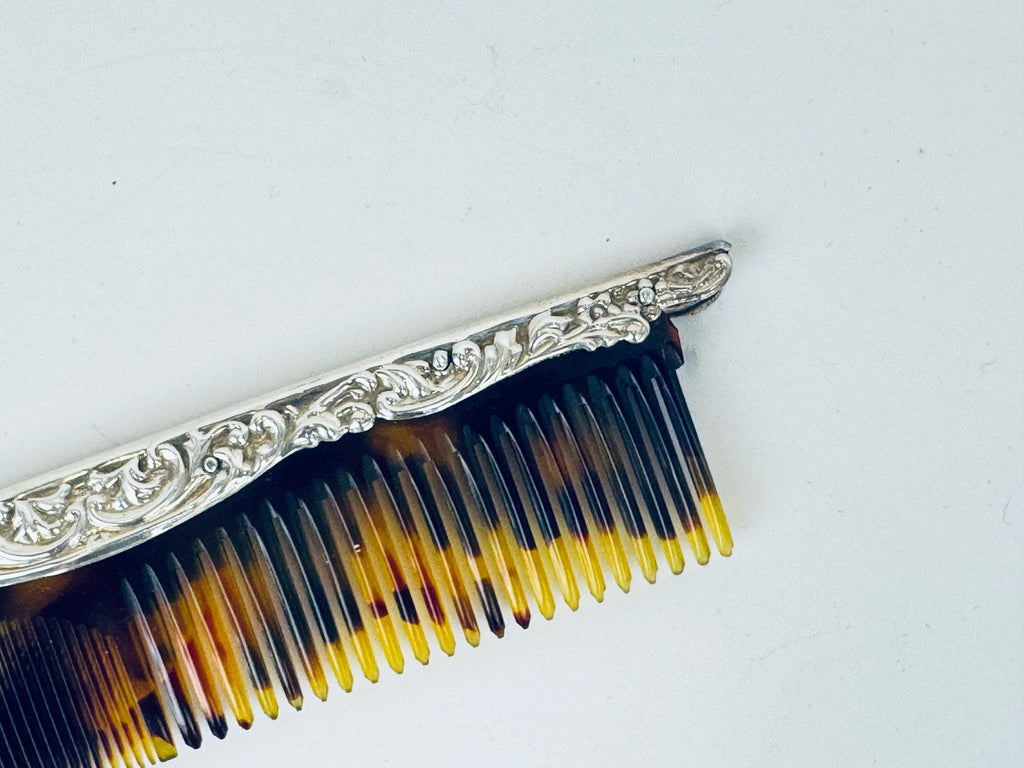Antique 1910s Art Deco Sterling Silver Faux-Tortoiseshell Comb - Vanity Accessory