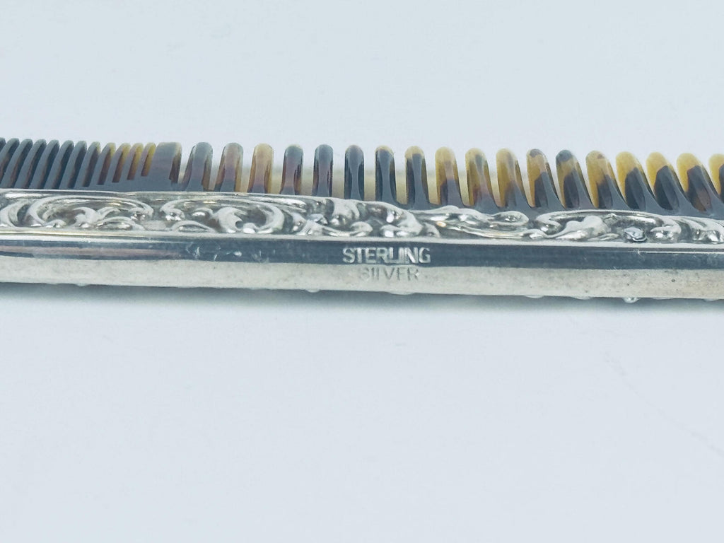 Antique 1910s Art Deco Sterling Silver Faux-Tortoiseshell Comb - Vanity Accessory