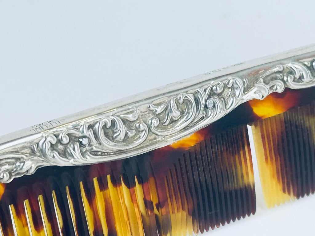 Antique 1910s Art Deco Sterling Silver Faux-Tortoiseshell Comb - Vanity Accessory