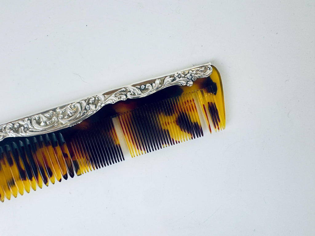Antique 1910s Art Deco Sterling Silver Faux-Tortoiseshell Comb - Vanity Accessory