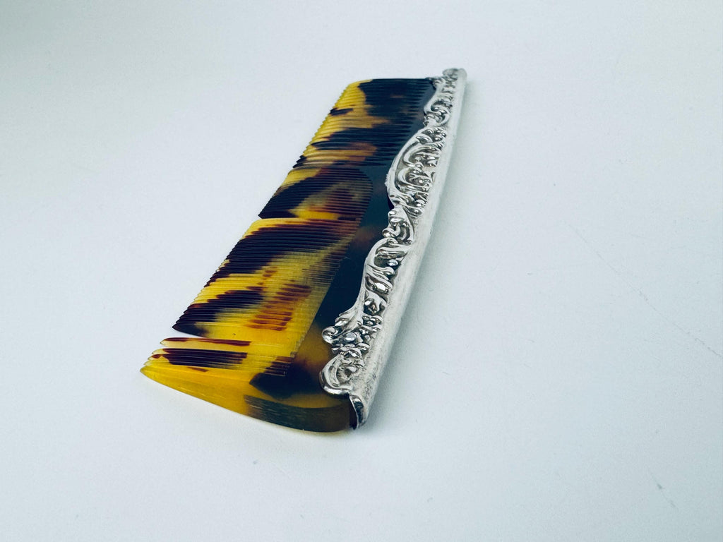 Antique 1910s Art Deco Sterling Silver Faux-Tortoiseshell Comb - Vanity Accessory