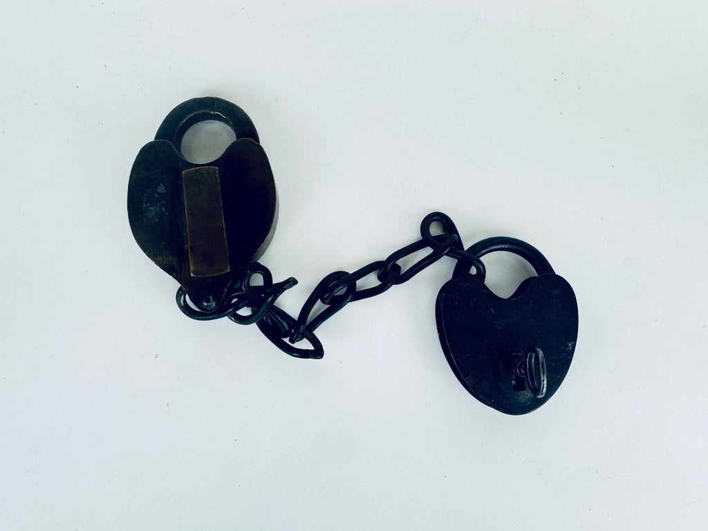 Antique + Rare 1870s Heart-Shaped Padlock Brass & Iron Railroad Lock  Original Chain + Key