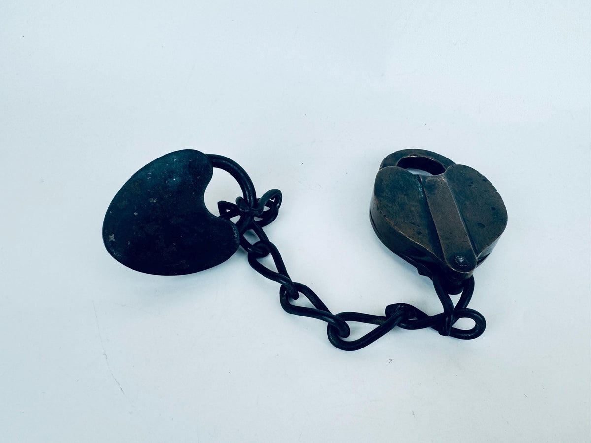 Antique + Rare 1870s Heart-Shaped Padlock Brass & Iron Railroad Lock  Original Chain + Key