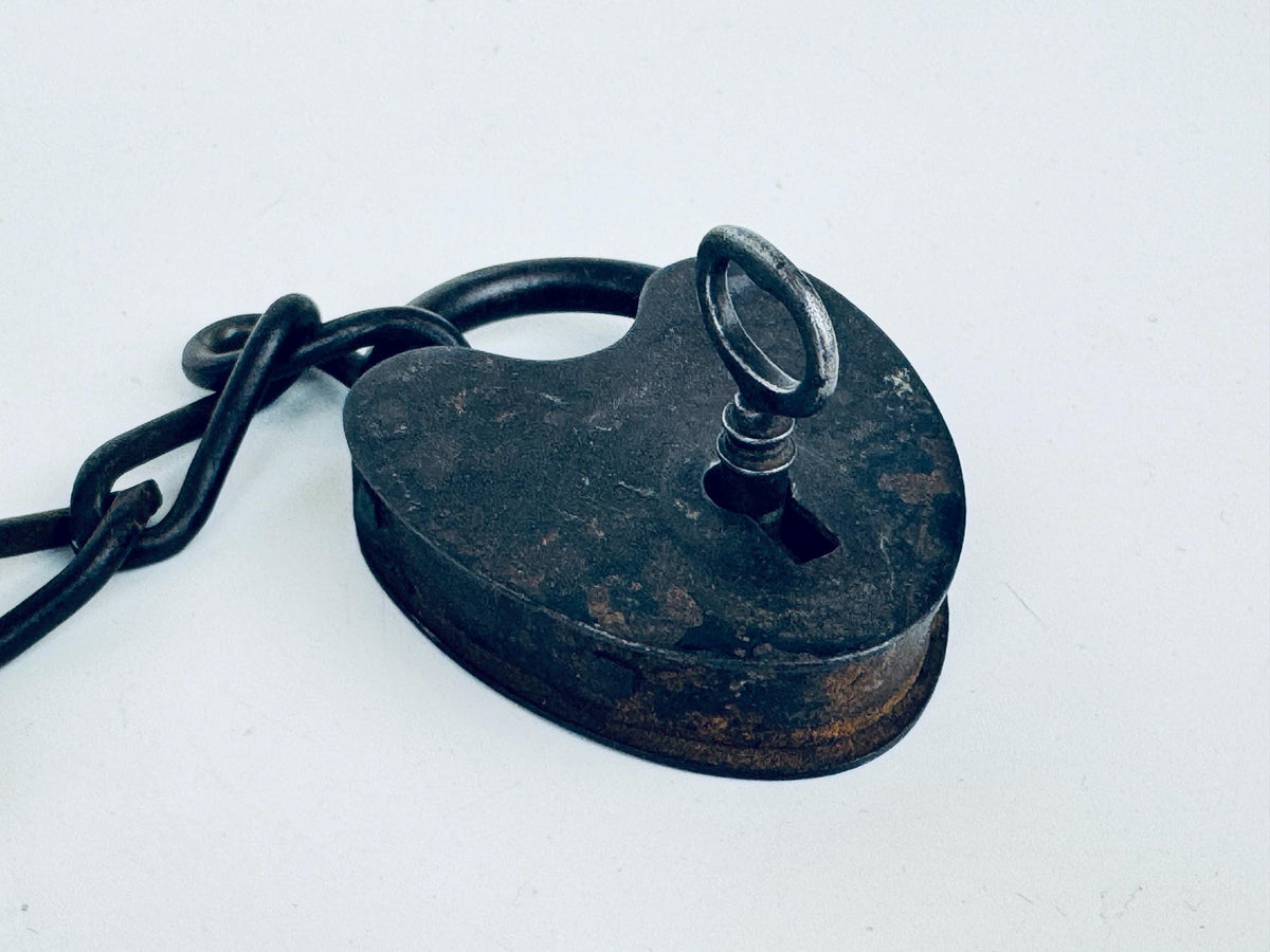 Antique + Rare 1870s Heart-Shaped Padlock Brass & Iron Railroad Lock  Original Chain + Key