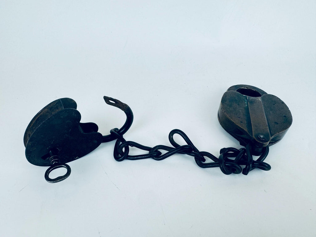 Antique + Rare 1870s Heart-Shaped Padlock Brass & Iron Railroad Lock  Original Chain + Key